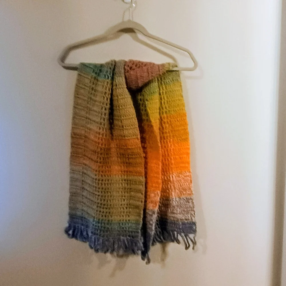 Vintage Handmade Crocheted Gradient Scarf in Orange, Yellow & Blue